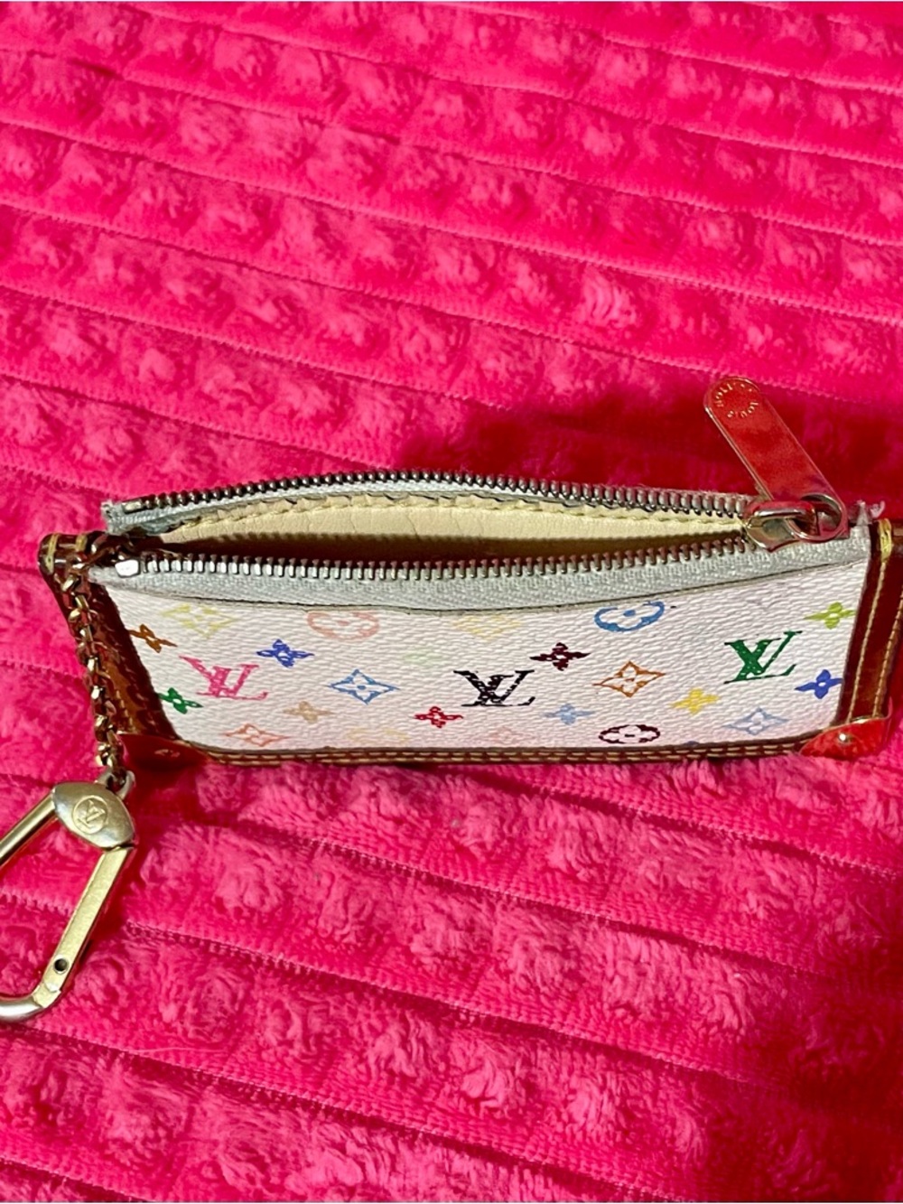 Louis Vuitton White Multicolor Monogram Coin Pouch with Keychain Gold Hardware